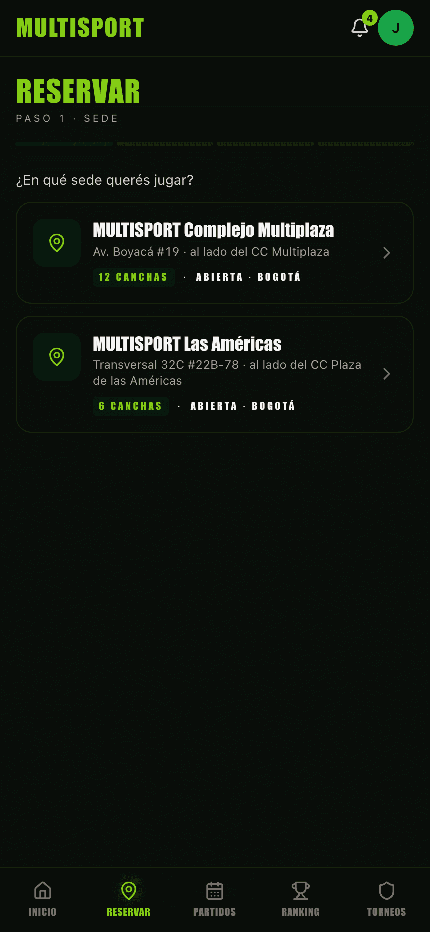 App móvil para socios — pantalla de reserva