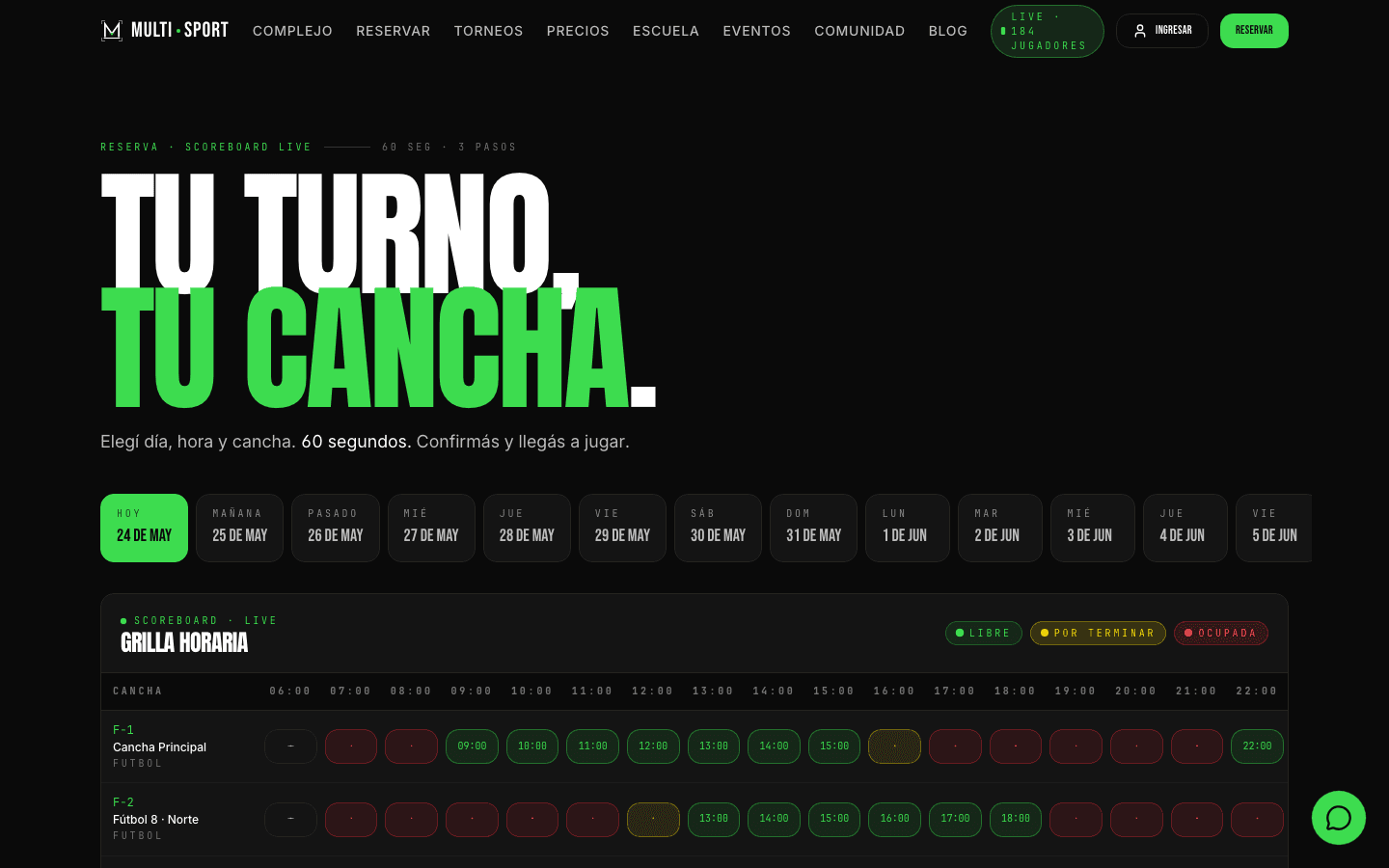 Flujo de reserva de cancha en la web de Multisport