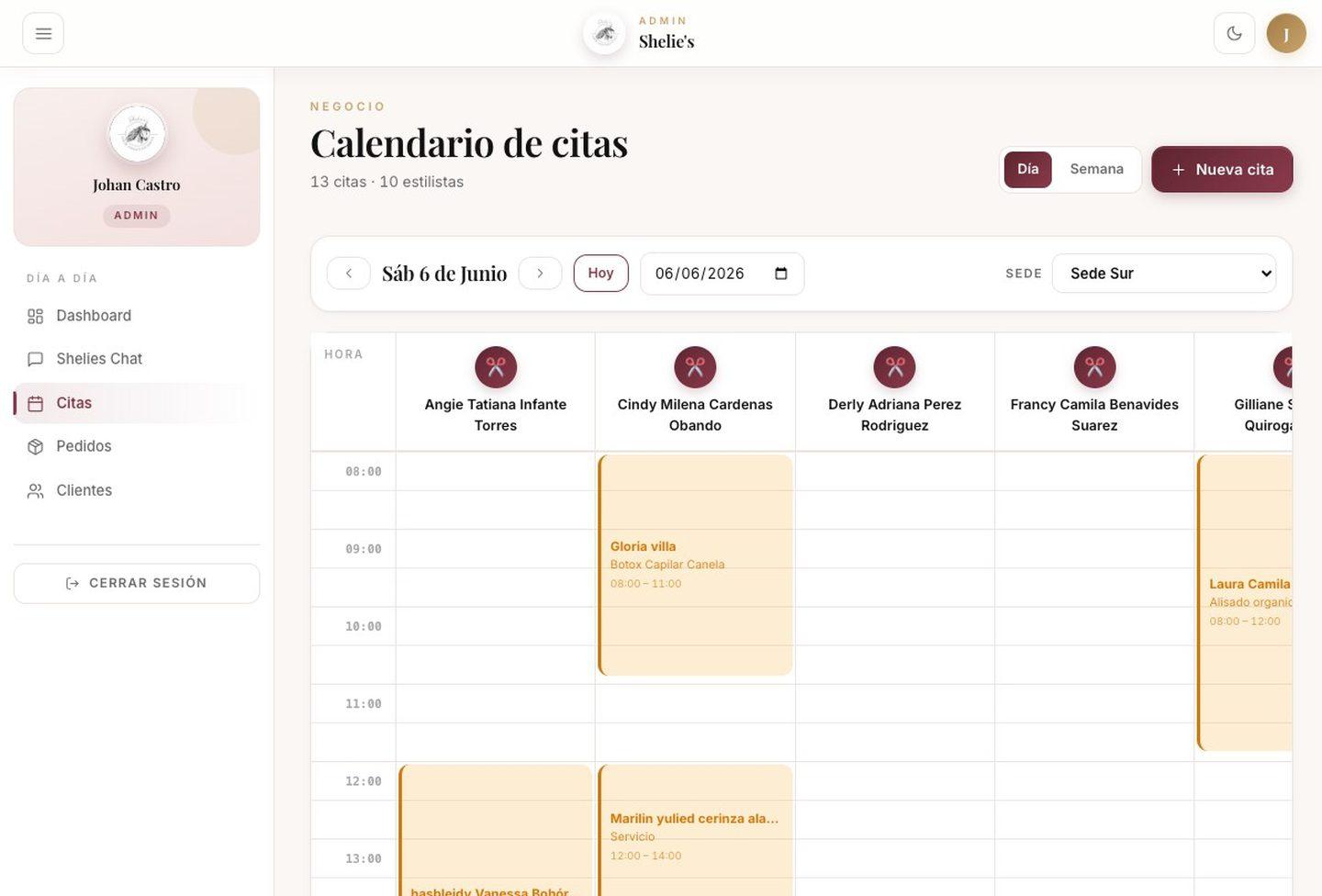 Calendario de citas del CRM de Shelie's Hair