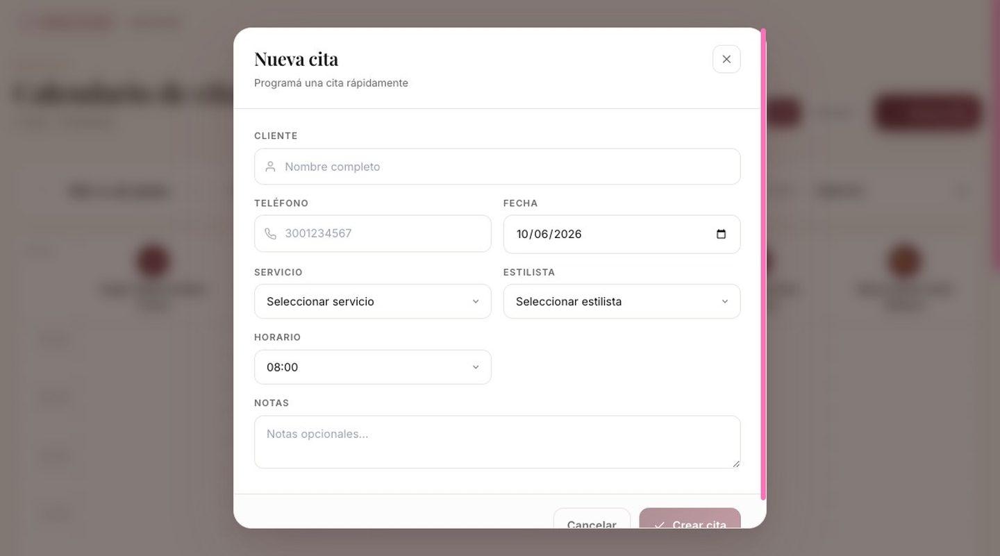 Crear una nueva cita en el sistema de Shelie's Hair