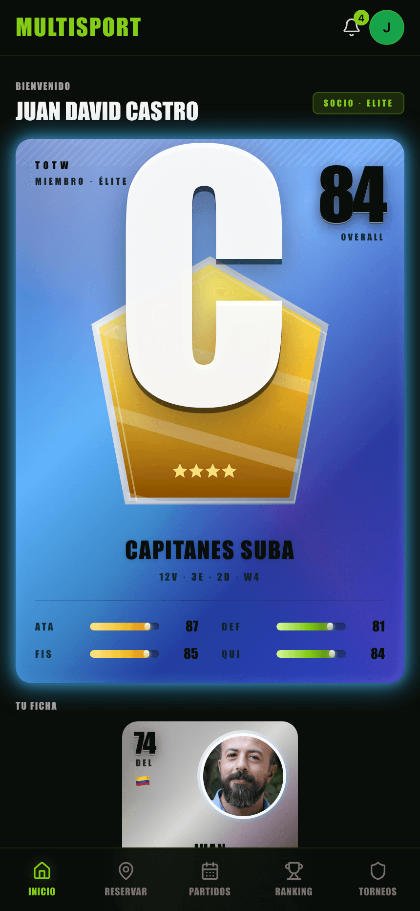 App Multisport — pantalla de inicio para socios