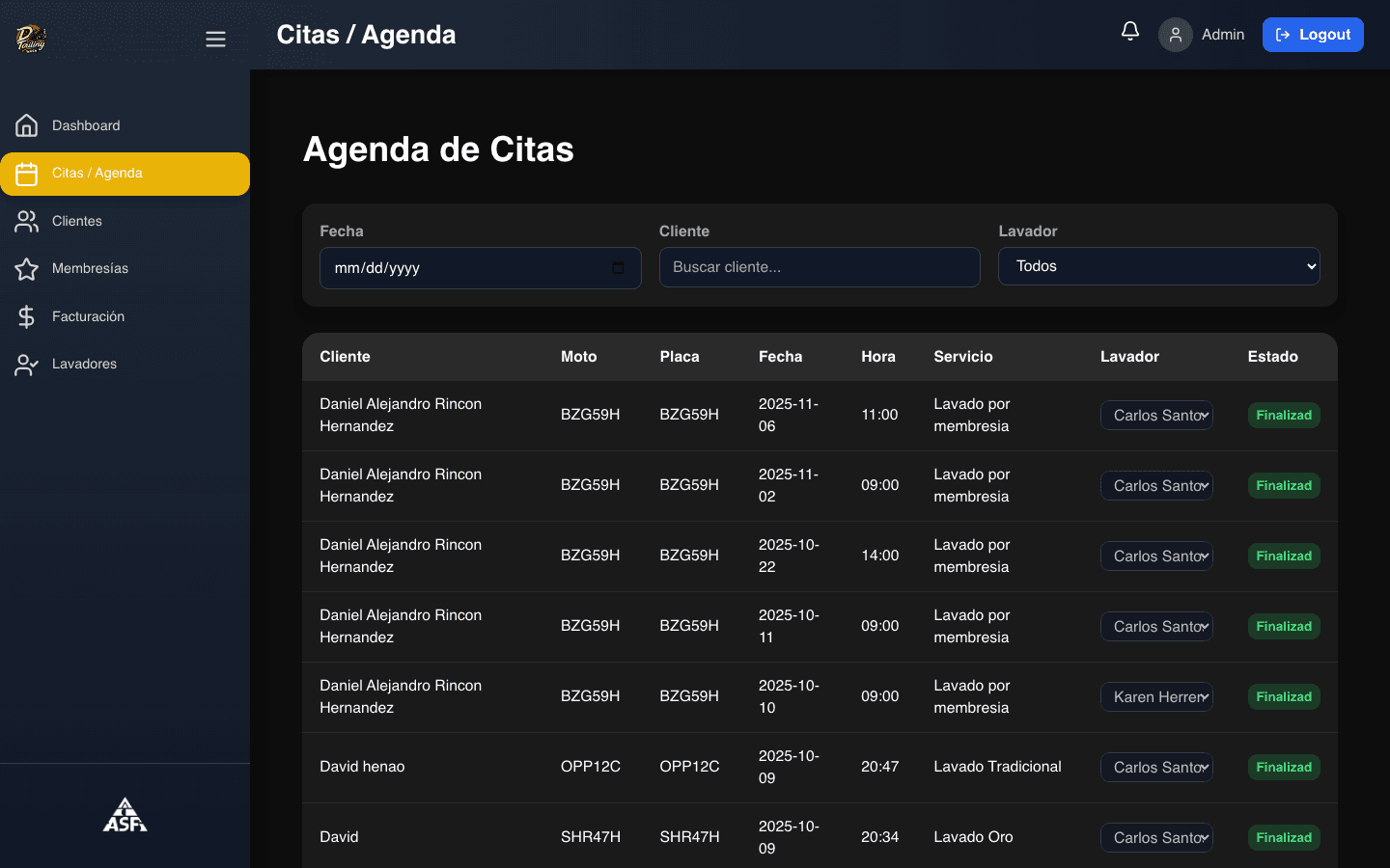 Módulo de citas en el CRM DT Wash