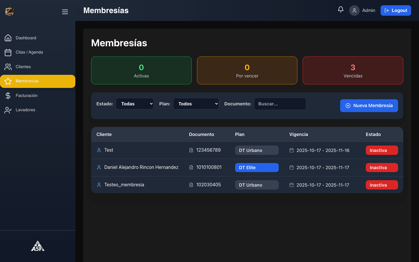 Módulo de membresías en el CRM DT Wash